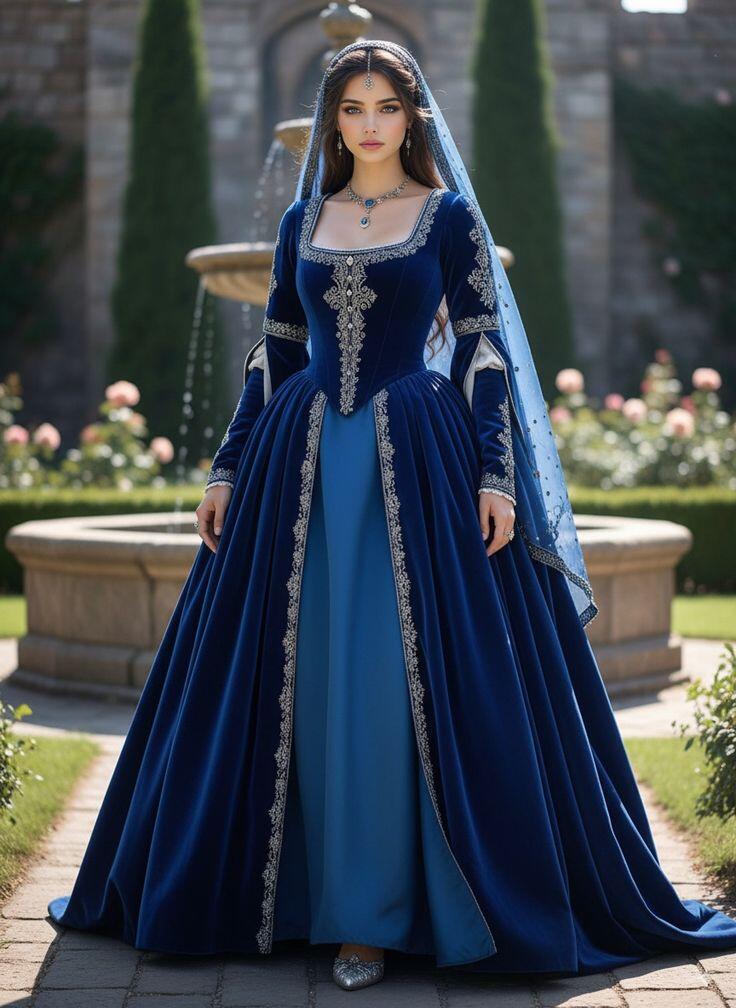 Medieval Renaissance Dress Women - Średniowieczna Tudorowska Królewska Renesansowa Niebieska Suknia